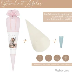 Pferde Stoff Schultüte Pony Zuckertüte in Rosa für Mädchen mit Namen Einschulungstüte Einschulung Datum Blumen Füllkissen 70 cm I Optional mit Füllkissen und Spitzenschutz