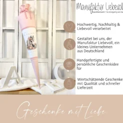Pferde Stoff Schultüte Pony Zuckertüte in Rosa für Mädchen mit Namen Einschulungstüte Einschulung Datum Blumen Füllkissen 70 cm I Optional mit Füllkissen und Spitzenschutz