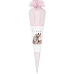 Pferde Stoff Schultüte Pony Zuckertüte in Rosa für Mädchen mit Namen Einschulungstüte Einschulung Datum Blumen Füllkissen 70 cm I Optional mit Füllkissen und Spitzenschutz