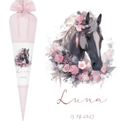 Pferde Zuckertüte Pony in rosa für Mädchen mit Namen Stoff Schultüte personalisiert Einschulungstüte Einschulung Datum Blumen 70 cm I Optional mit Füllkissen und Spitzenschutz