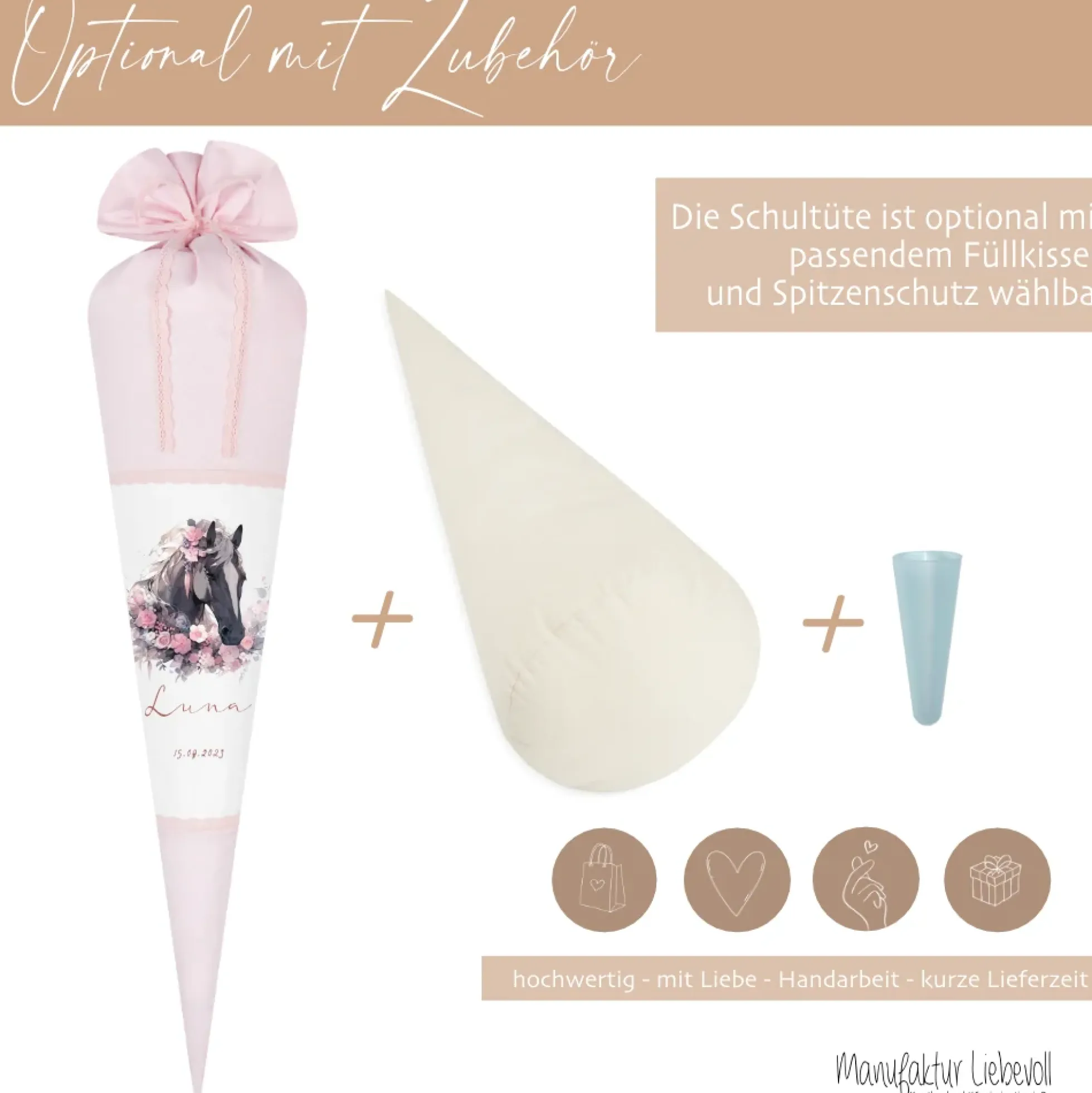 Pferde Zuckertüte Pony in rosa für Mädchen mit Namen Stoff Schultüte personalisiert Einschulungstüte Einschulung Datum Blumen 70 cm I Optional mit Füllkissen und Spitzenschutz