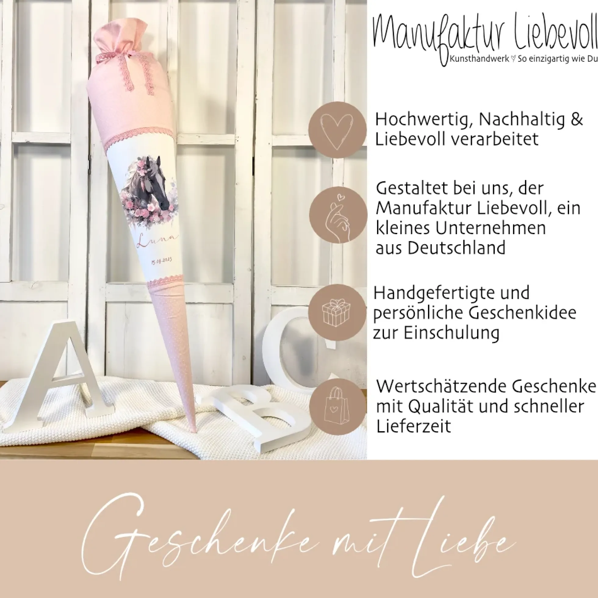 Pferde Zuckertüte Pony in rosa für Mädchen mit Namen Stoff Schultüte personalisiert Einschulungstüte Einschulung Datum Blumen 70 cm I Optional mit Füllkissen und Spitzenschutz