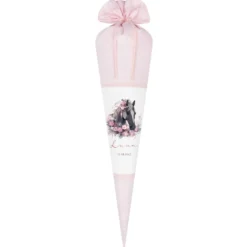 Pferde Zuckertüte Pony in rosa für Mädchen mit Namen Stoff Schultüte personalisiert Einschulungstüte Einschulung Datum Blumen 70 cm I Optional mit Füllkissen und Spitzenschutz