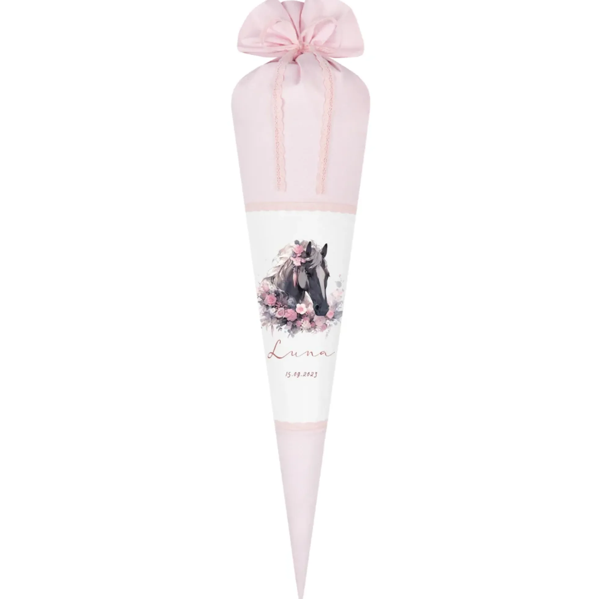 Pferde Zuckertüte Pony in rosa für Mädchen mit Namen Stoff Schultüte personalisiert Einschulungstüte Einschulung Datum Blumen 70 cm I Optional mit Füllkissen und Spitzenschutz