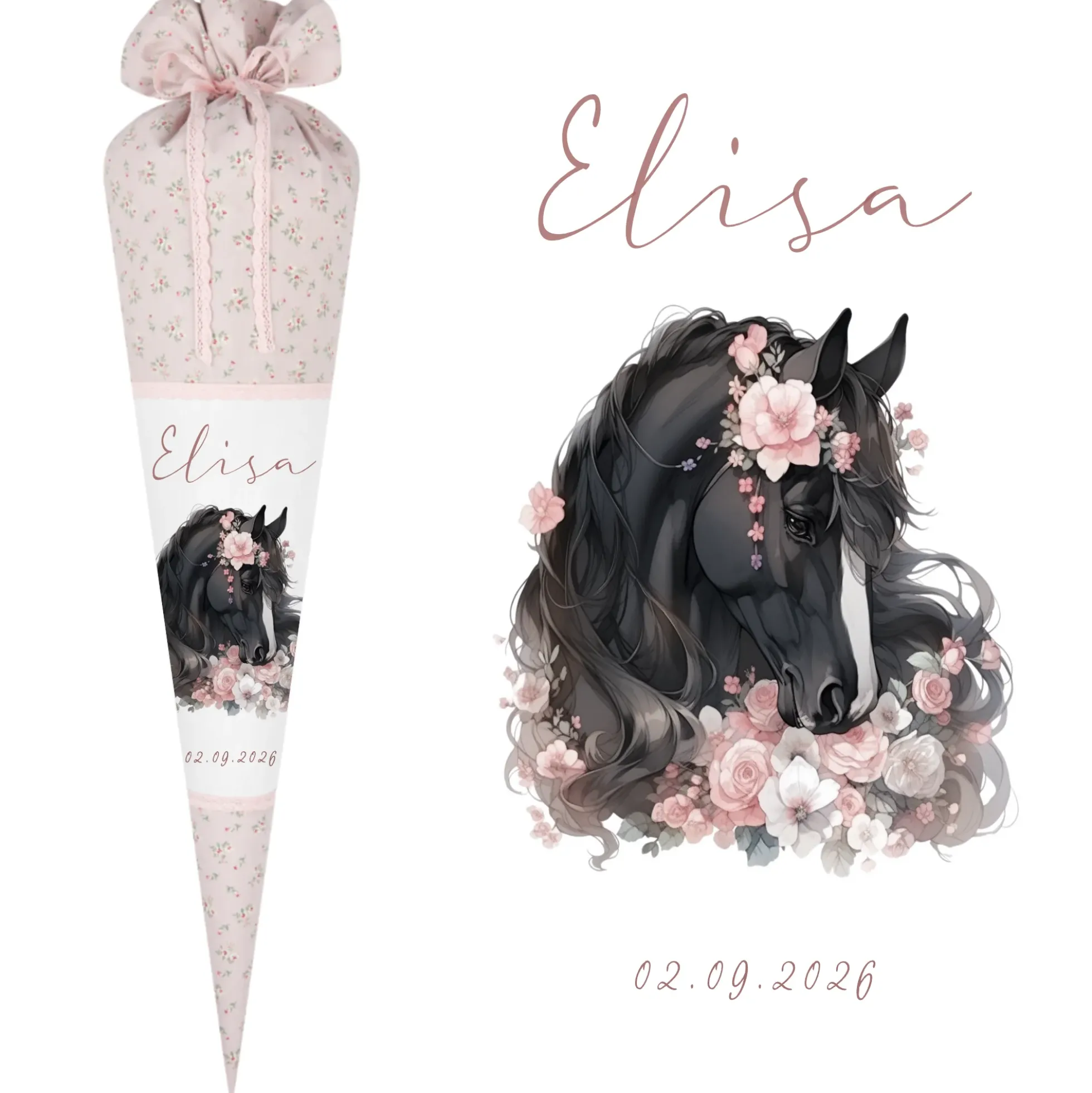 Pferd & Pony Stoff Schultüte für Mädchen mit Namen personalisiert Boho Zuckertüte Einschulungstüte Einschulung Datum Blumen Füllkissen 70 cm handgenäht I Optional mit Füllkissen und Spitzenschutz