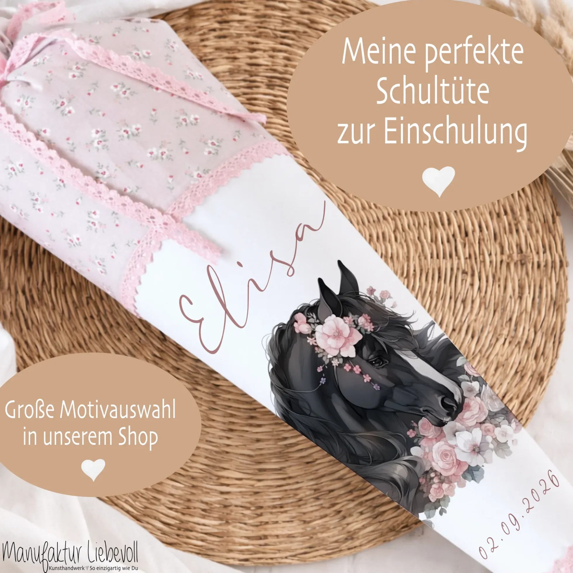 Pferd & Pony Stoff Schultüte für Mädchen mit Namen personalisiert Boho Zuckertüte Einschulungstüte Einschulung Datum Blumen Füllkissen 70 cm handgenäht I Optional mit Füllkissen und Spitzenschutz