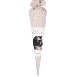 Pferd & Pony Stoff Schultüte für Mädchen mit Namen personalisiert Boho Zuckertüte Einschulungstüte Einschulung Datum Blumen Füllkissen 70 cm handgenäht I Optional mit Füllkissen und Spitzenschutz