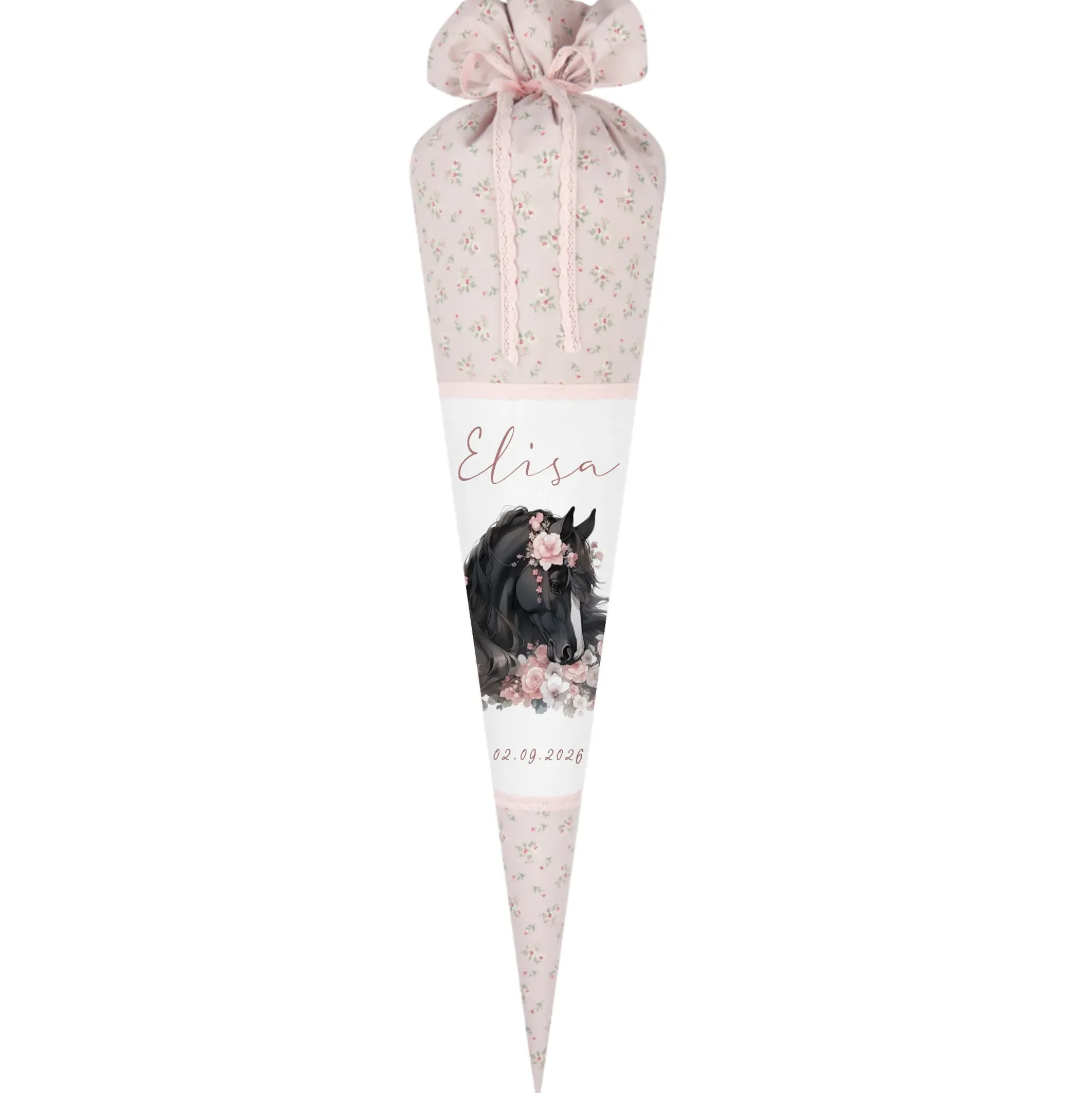 Pferd & Pony Stoff Schultüte für Mädchen mit Namen personalisiert Boho Zuckertüte Einschulungstüte Einschulung Datum Blumen Füllkissen 70 cm handgenäht I Optional mit Füllkissen und Spitzenschutz