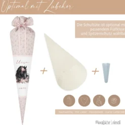 Pferd & Pony Stoff Schultüte für Mädchen mit Namen personalisiert Boho Zuckertüte Einschulungstüte Einschulung Datum Blumen Füllkissen 70 cm handgenäht I Optional mit Füllkissen und Spitzenschutz