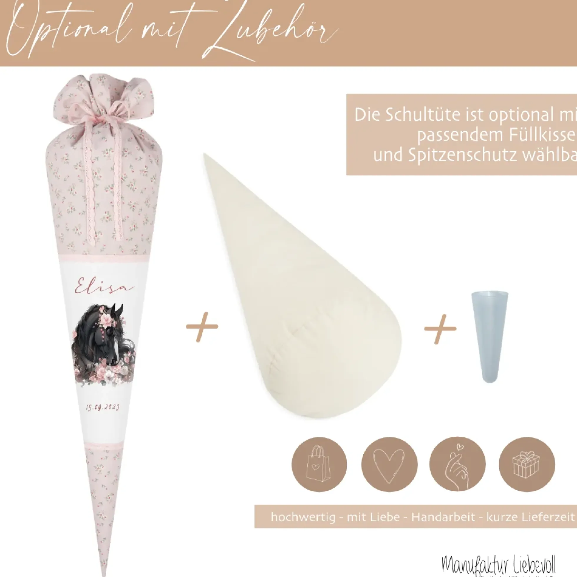 Pferd & Pony Stoff Schultüte für Mädchen mit Namen personalisiert Boho Zuckertüte Einschulungstüte Einschulung Datum Blumen Füllkissen 70 cm handgenäht I Optional mit Füllkissen und Spitzenschutz