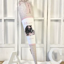Pferd & Pony Stoff Schultüte für Mädchen mit Namen personalisiert Boho Zuckertüte Einschulungstüte Einschulung Datum Blumen Füllkissen 70 cm handgenäht I Optional mit Füllkissen und Spitzenschutz