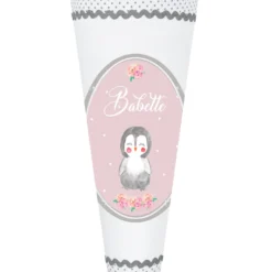 Pinguin Stoffschultüte für Mädchen | Schultüte aus weißem Stoff mit grauen Punkten | Personalisiert mit dem Namen des Einschulungskindes | Optional mit Füllkissen und Spitzenschutz