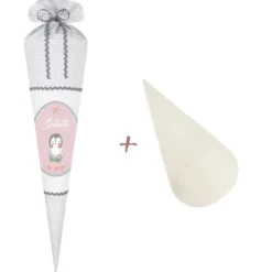 Pinguin Stoffschultüte für Mädchen | Schultüte aus weißem Stoff mit grauen Punkten | Personalisiert mit dem Namen des Einschulungskindes | Optional mit Füllkissen und Spitzenschutz
