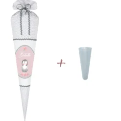 Pinguin Stoffschultüte für Mädchen | Schultüte aus weißem Stoff mit grauen Punkten | Personalisiert mit dem Namen des Einschulungskindes | Optional mit Füllkissen und Spitzenschutz
