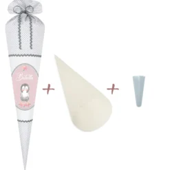 Pinguin Stoffschultüte für Mädchen | Schultüte aus weißem Stoff mit grauen Punkten | Personalisiert mit dem Namen des Einschulungskindes | Optional mit Füllkissen und Spitzenschutz