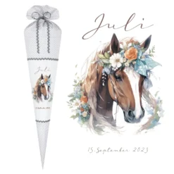 Pony Stoff Schultüte für Mädchen graue Zuckertüte Pferd Boho Name personalisiert Einschulungstüte Datum Blumen 70 cm I Optional mit Füllkissen und Spitzenschutz