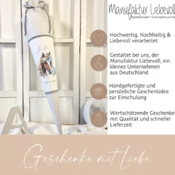 Pony Stoff Schultüte für Mädchen graue Zuckertüte Pferd Boho Name personalisiert Einschulungstüte Datum Blumen 70 cm I Optional mit Füllkissen und Spitzenschutz