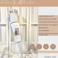 Pony Stoff Schultüte für Mädchen graue Zuckertüte Pferd Boho Name personalisiert Einschulungstüte Datum Blumen 70 cm I Optional mit Füllkissen und Spitzenschutz