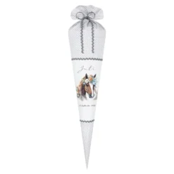 Pony Stoff Schultüte für Mädchen graue Zuckertüte Pferd Boho Name personalisiert Einschulungstüte Datum Blumen 70 cm I Optional mit Füllkissen und Spitzenschutz