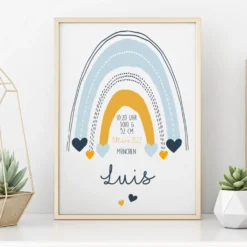Poster mit Namen und Geburtsdaten | Motiv "Regenbogen" für Jungen u. Mädchen | Liebevolle Dekoration für das Baby- u. Kinderzimmer| Persönliches Geschenk zur Geburt u. Taufe mit Namen | 4 Varianten zur Auswahl