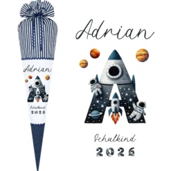 Raketen Schultüte Weltall | Personalisiert mit dem Namen und Buchstaben für Jungen | Optional mit Füllkissen und Spitzenschutz