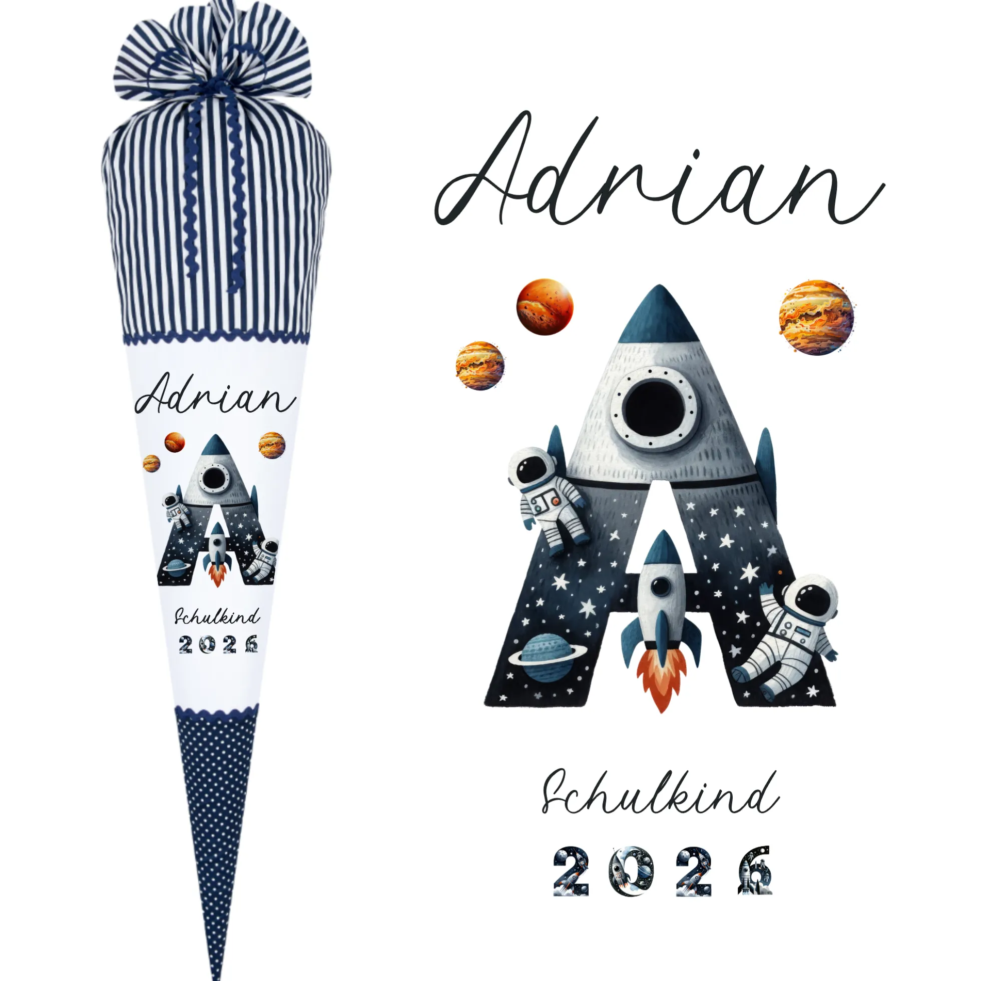 Raketen Schultüte Weltall | Personalisiert mit dem Namen und Buchstaben für Jungen | Optional mit Füllkissen und Spitzenschutz