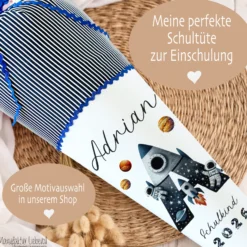 Raketen Schultüte Weltall | Personalisiert mit dem Namen und Buchstaben für Jungen | Optional mit Füllkissen und Spitzenschutz