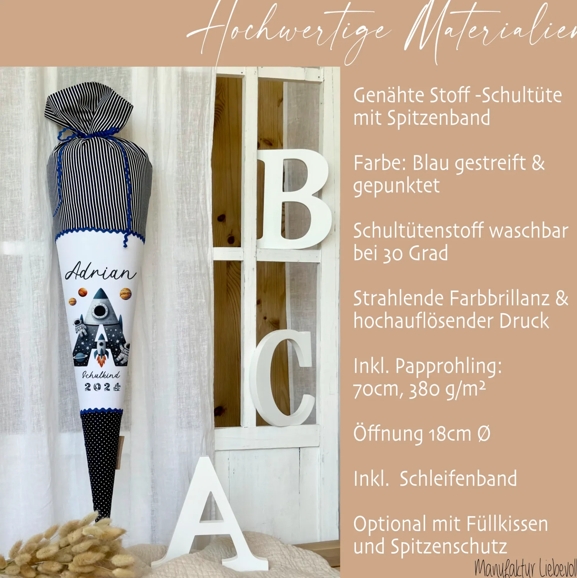 Raketen Schultüte Weltall | Personalisiert mit dem Namen und Buchstaben für Jungen | Optional mit Füllkissen und Spitzenschutz