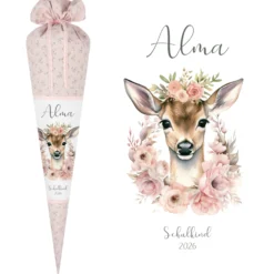 Reh Schultüte Mädchen personalisiert - Rehkitz Schultüte mit Namen - Bambi Stoff Schultüte Einschulung Geschenk – rosa boho Schultüte