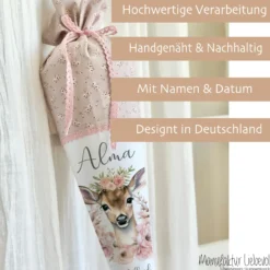 Reh Schultüte Mädchen personalisiert - Rehkitz Schultüte mit Namen - Bambi Stoff Schultüte Einschulung Geschenk – rosa boho Schultüte