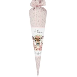 Reh Schultüte Mädchen personalisiert - Rehkitz Schultüte mit Namen - Bambi Stoff Schultüte Einschulung Geschenk – rosa boho Schultüte