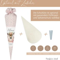 Reh Schultüte Mädchen personalisiert - Rehkitz Schultüte mit Namen - Bambi Stoff Schultüte Einschulung Geschenk – rosa boho Schultüte