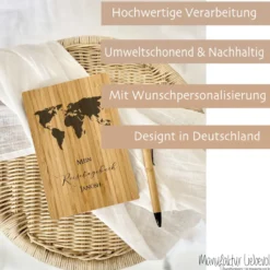 Reisetagebuch zum Selberschreiben | Notizbuch mit Name u. Weltkarte | Personalisiertes Geschenk für Sie u. Ihn