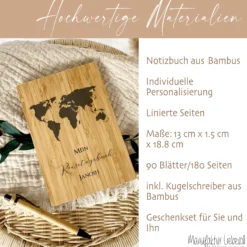 Reisetagebuch zum Selberschreiben | Notizbuch mit Name u. Weltkarte | Personalisiertes Geschenk für Sie u. Ihn