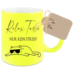 Relax Tasse Nur kein Stress, Katzen Tasse mit Spruch | 4 Tassenfarben zur Auswahl