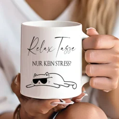 Relax Tasse Nur kein Stress, Katzen Tasse mit Spruch | 4 Tassenfarben zur Auswahl