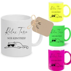 Relax Tasse Nur kein Stress, Katzen Tasse mit Spruch | 4 Tassenfarben zur Auswahl