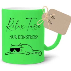 Relax Tasse Nur kein Stress, Katzen Tasse mit Spruch | 4 Tassenfarben zur Auswahl