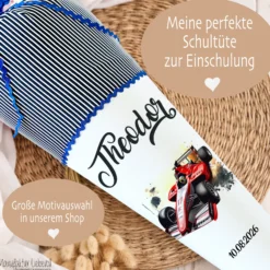 Rennauto Schultüte für Jungen personalisierte Stoff Schultüte Auto Schultüte Sportwagen Rennwagen Einschulung Junge Schulkind Geschenk