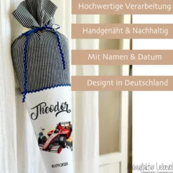 Rennauto Schultüte für Jungen personalisierte Stoff Schultüte Auto Schultüte Sportwagen Rennwagen Einschulung Junge Schulkind Geschenk