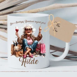 Rente Geschenk Frau Tasse personalisiert Ruhestand Abschiedsgeschenk | 2 Motivvarianten zur Auswahl