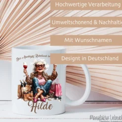 Rente Geschenk Frau Tasse personalisiert Ruhestand Abschiedsgeschenk | 2 Motivvarianten zur Auswahl