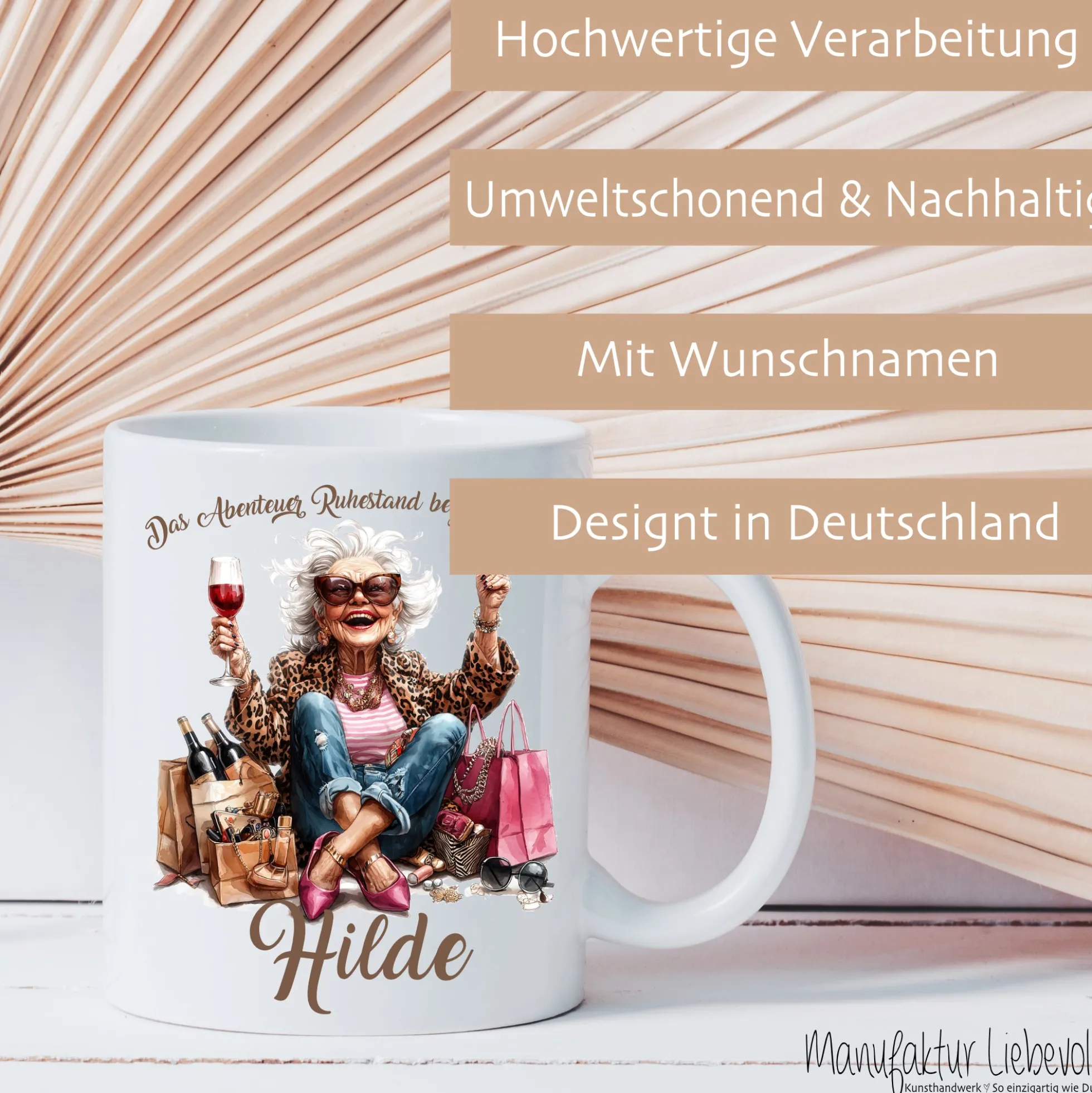 Rente Geschenk Frau Tasse personalisiert Ruhestand Abschiedsgeschenk | 2 Motivvarianten zur Auswahl