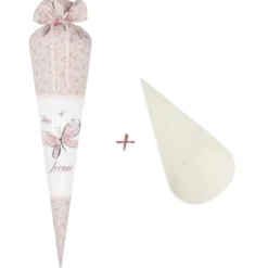 Rosa geblümte Schultüte mit Schmetterlingen und Namen des Kindes | Stoffschultüte zur Einschulung für Mädchen | Optional mit Füllkissen und Spitzenschutz