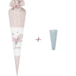Rosa geblümte Schultüte mit Schmetterlingen und Namen des Kindes | Stoffschultüte zur Einschulung für Mädchen | Optional mit Füllkissen und Spitzenschutz