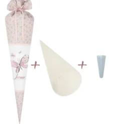 Rosa geblümte Schultüte mit Schmetterlingen und Namen des Kindes | Stoffschultüte zur Einschulung für Mädchen | Optional mit Füllkissen und Spitzenschutz