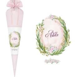 Rosa Schultüte mit floralen Motiv | Stoffschultüte für Mädchen mit Namen | Optional mit Füllkissen und Spitzenschutz