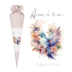 Rosa Stoff Schultüte Vogel Mädchen Name Personalisiert Blumen Boho Vintage Einschulungstüte Zuckertüte 70 cm | Optional mit Füllkissen und Spitzenschutz
