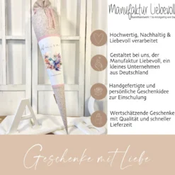 Rosa Stoff Schultüte Vogel Mädchen Name Personalisiert Blumen Boho Vintage Einschulungstüte Zuckertüte 70 cm | Optional mit Füllkissen und Spitzenschutz