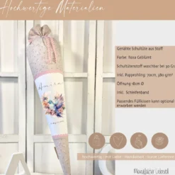 Rosa Stoff Schultüte Vogel Mädchen Name Personalisiert Blumen Boho Vintage Einschulungstüte Zuckertüte 70 cm | Optional mit Füllkissen und Spitzenschutz